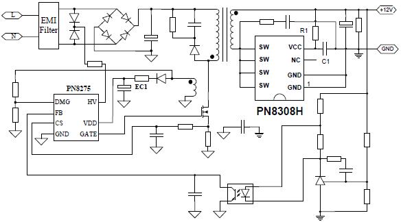 12V大功率同步整流芯片PN8308H應用電路圖