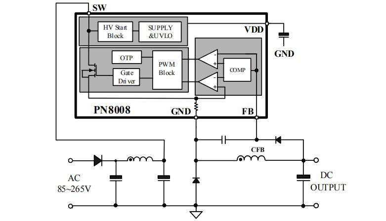 PN8008非隔離AC轉(zhuǎn)DC 5V芯片典型應(yīng)用電路圖