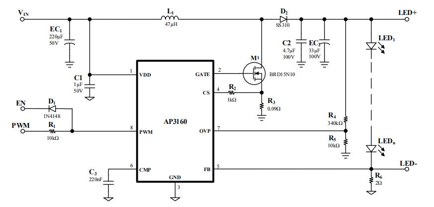 AP3160升壓型led背光驅動芯片典型應用電路圖