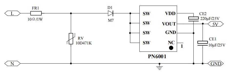 PN6001無電感5V輸出降壓芯片典型應(yīng)用電路